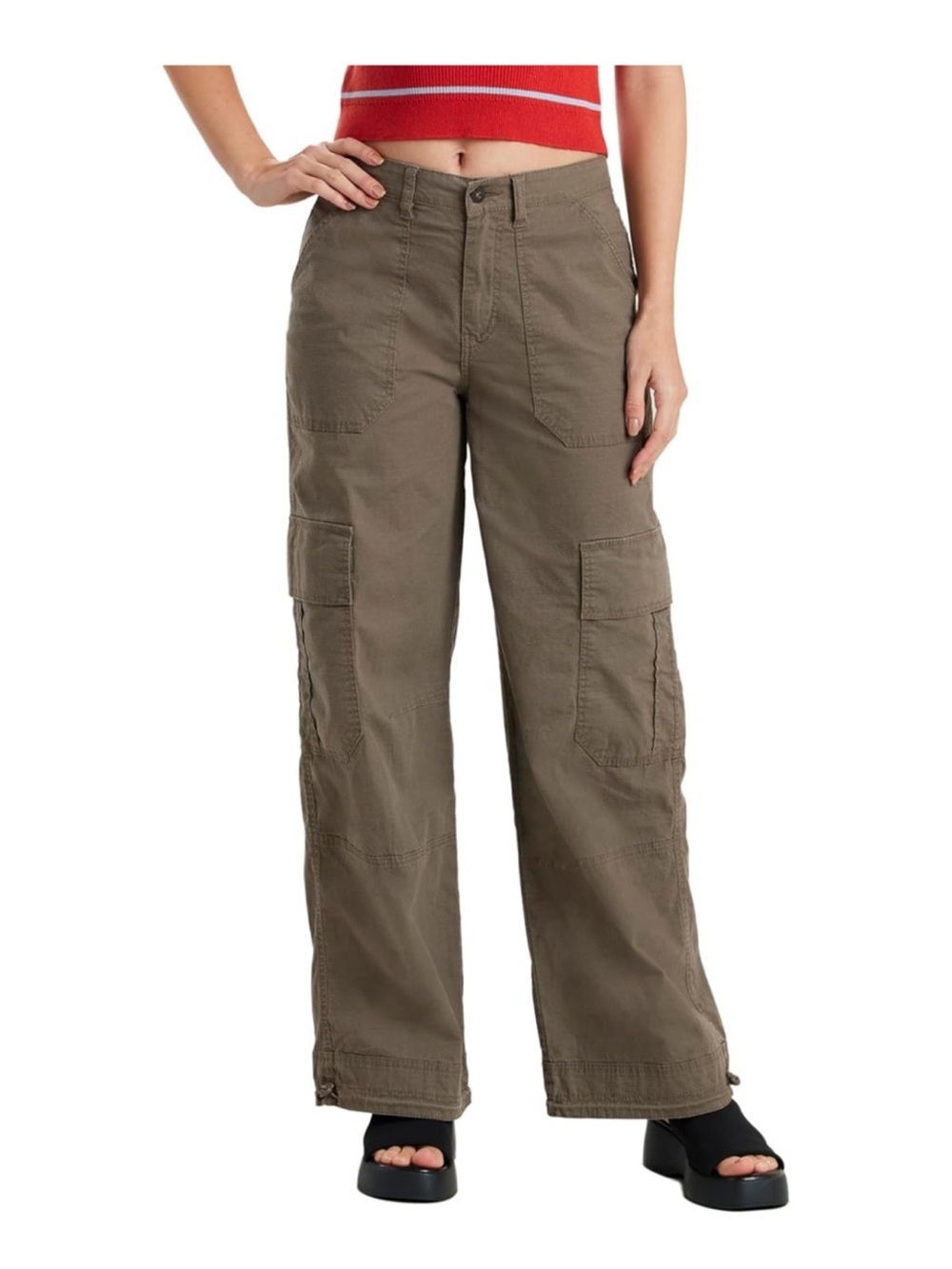 Olive Cargo Wide-Leg Utility Cotton Pants for Women